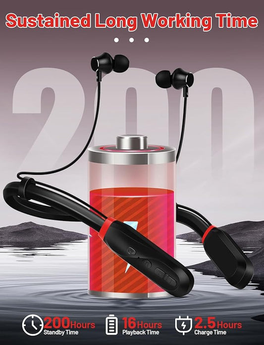 Neckband Bluetooth Headphones, 200H Long Playtime Wireless Stereo Neckband Earbuds with Microphone, Waterproof Around The Neck Headphones in Ear Headset for Sports/Workout/Office (Black)