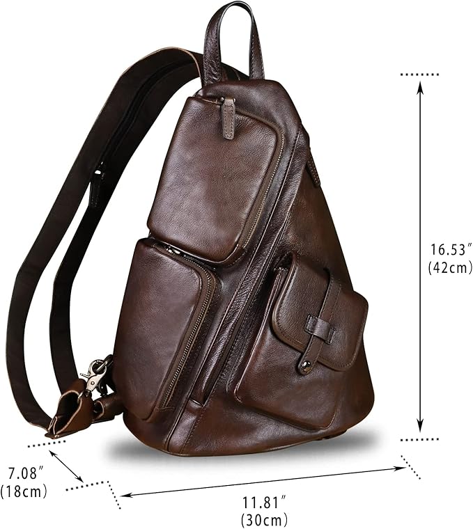 Genuine Leather Large Sling Bag for Men and Women Large Sling Backpack Purse Shoulder Crossbody Chest Bag for Ipad (Coffee)