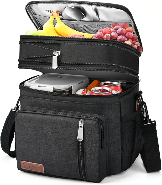 LOKASS Lunch Box for Women, 16L, Double Deck Expandable Insulated Lunch box For Adults/Women Thermal Large Waterproof Leakproof Cooler Bag with Shoulder Strap - Black