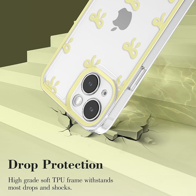 EYZUTAK Case for iPhone 15 Plus, Clear Cute Ribbon Bowknot Pattern Aesthetic Transparent Phone Case Raised Camera Protection Stylish Slim Soft Durable TPU Protective Cover for Women Girls - Yellow