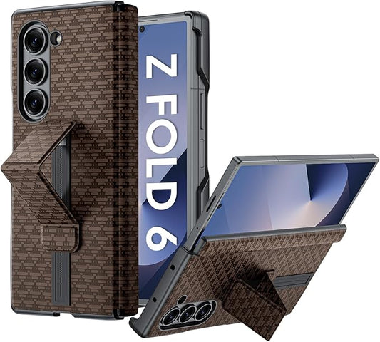 for Samsung Galaxy Z Fold 6 Case with Hand Strap & Kickstand & Hinge Protection, Ultra Slim Skin Feel Pattern Printing Full Body Shockproof Phone Case for Z Fold 6, No Screen Protector (Brown)