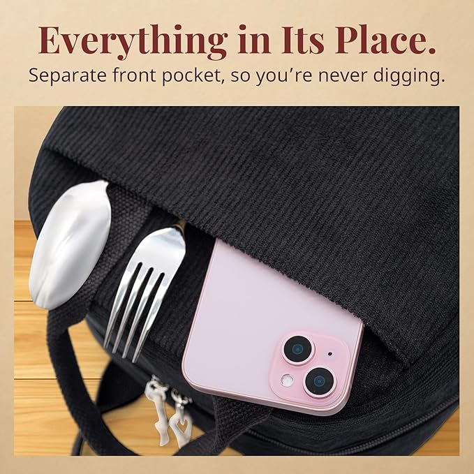 Insulated Black Lunch Bag for Men Women, Stylish Corduroy Tote with Aluminum Lining, Large Capacity Reusable Cooler for Work, Travel, Beach or Picnic, Soft Black Water-Resistant Lunch Box