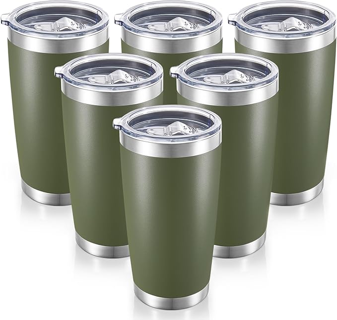20 oz Tumblers Bulk Stainless Steel Tumbler with Lid Double Wall Vacuum Insulated Coffee Mug 20oz Powder Coated Cup for Hot and Cold Drinks, Army Green, 6 pack