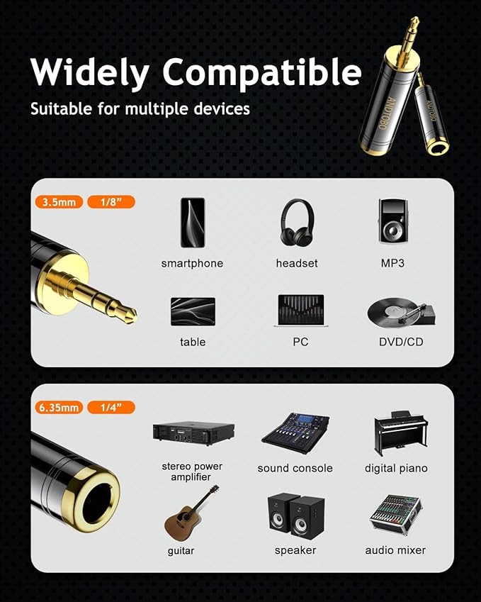 ANDTOBO 1/4'' to 3.5 mm Stereo Pure Copper Headphone Adapter, 3.5 mm(1/8'') Plug Male to 6.35 mm (1/4'') Jack Female Stereo Adapter for Headphone, Amp Adapter, Black 2-Pack
