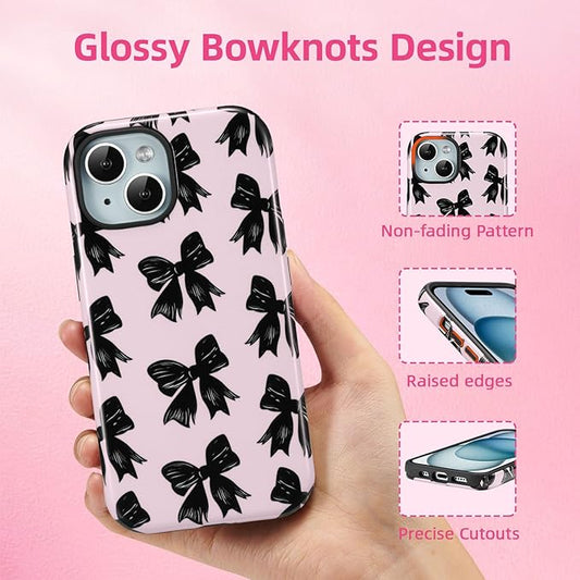 QLTYPRI Case for iPhone 13/14, Aesthetic Black Ribbon Bow Phone Case for Girls Women, Protective Hybrid 2-Layer Hard Shell Silicone Cover Durable Shockproof Phone Cover - Pink