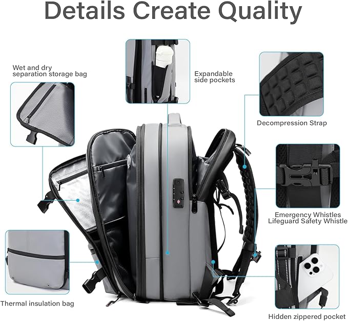 Travel Backpack with Vacuum System,60L Expandable Vacuum Backpack Travel with TSA Lock,17.3 inch Laptop Backpacks Vacpack Backpacks with Vacuum(Grey,External Air Pump)