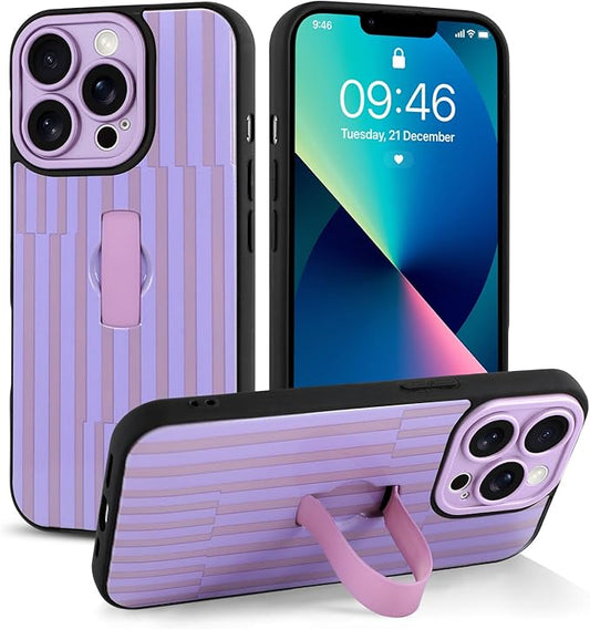 Compatible with iPhone 13 Pro Max Case with Finger Hand Strap Kickstand, Trendy Cool Striped Phone Case for Women Men, Full Camera Protection Shockproof Protective Cover, Purple Stripes