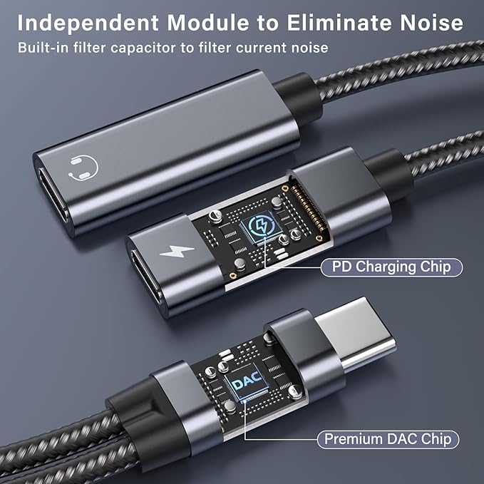USB C Splitter, Dual USBC Headphone and Charger Adapter, 2-in-1 Type USBC Hi-Res DAC Adapter Audio Dongle Cable with PD 60W Fast Charging Cable for iPhone 16/15 Series & All USB-C Devices