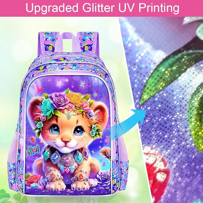 3Pcs Backpack for Girls, 16" Lion Kids Bookbag for Elementary Preschool Kindergarten, School Backpacks with Lunch Box(Purple)