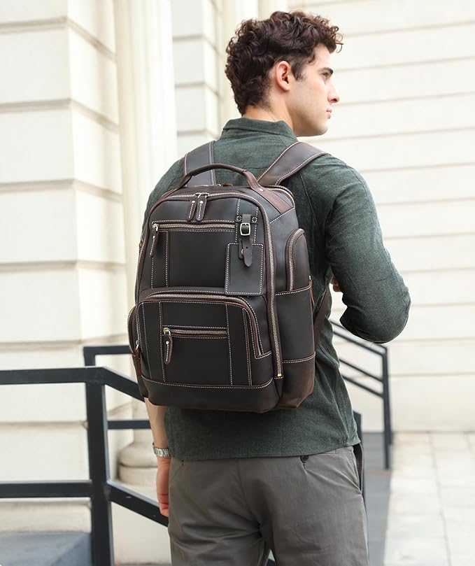 LANNSYNE Vintage Genuine Leather Backpack for men, 15.6" Laptop Backpack Travel Camping 24L Rucksack