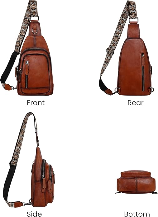 HESHE Leather Sling Bag for Women Crossbody Bags with Multi-Pocket Stylish Fanny Packs for Travel Chest Bag