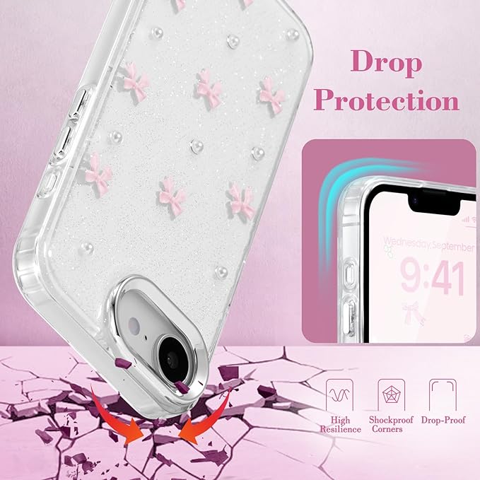 EYZUTAK Case for iPhone 16e, Bling Glitter 3D Bowknot Phone Case Cute Sparkly Crystal Clear Bow Aesthetic Design Cover Slim Soft Durable TPU Transparent Protective Cover for Women Girl - Pink Bow
