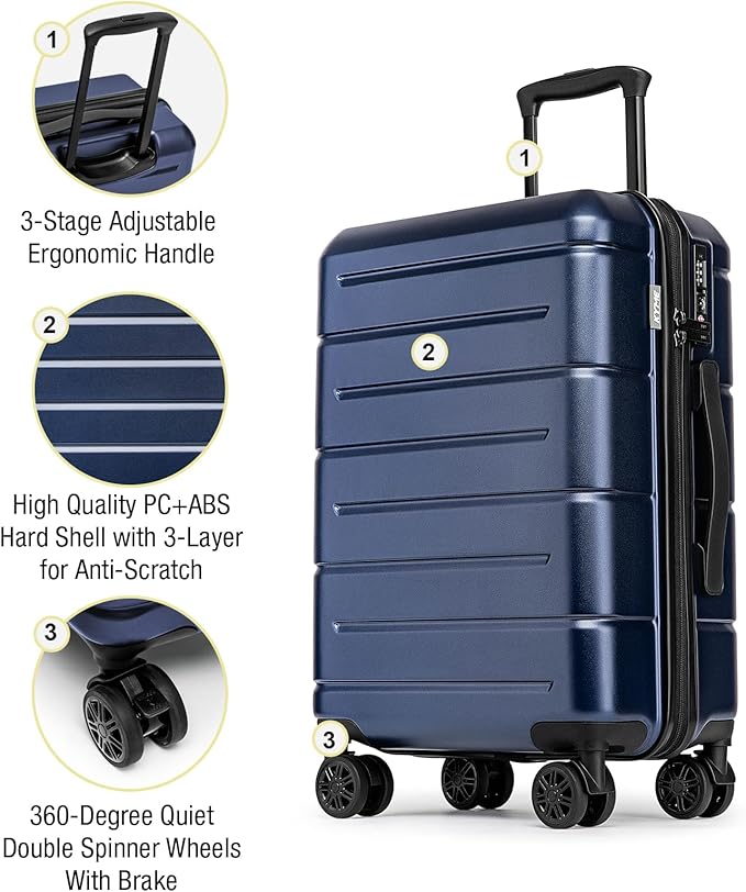 KYME Luggage Sets 2 Piece Hardshell 22"/26" Suitcase with Spinner Wheels Hardside Suitcases Sets with TSA Lock Lightweight Travel Luggage Set with Cup Holder for Women Men Navy