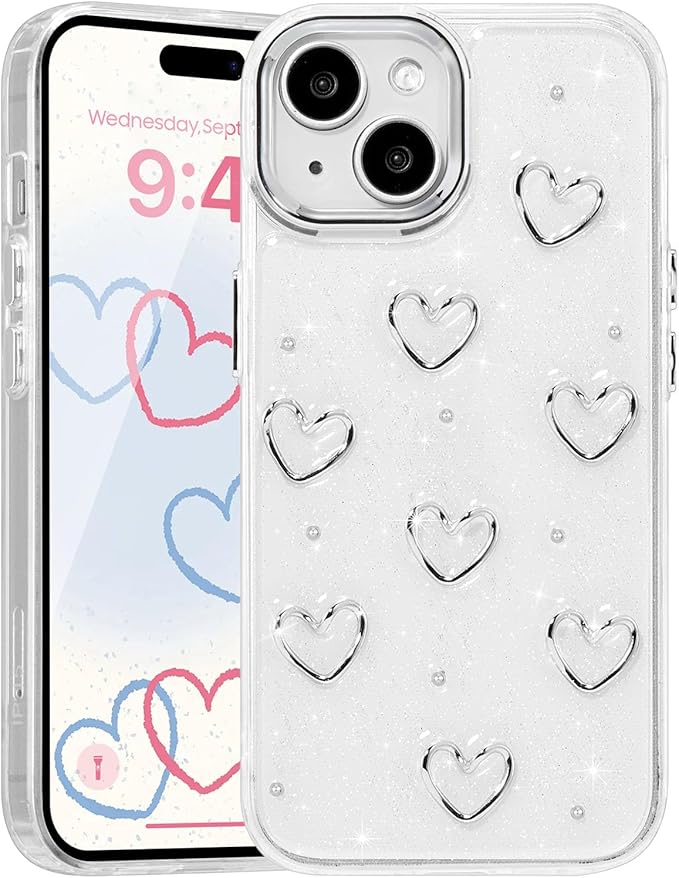 EYZUTAK Case for iPhone 15 Plus, Bling Glitter 3D Hearts Phone Case Cute Sparkly Crystal Clear Heart Aesthetic Design Case Slim Soft Durable TPU Transparent Protective Cover for Women Girls - Heart