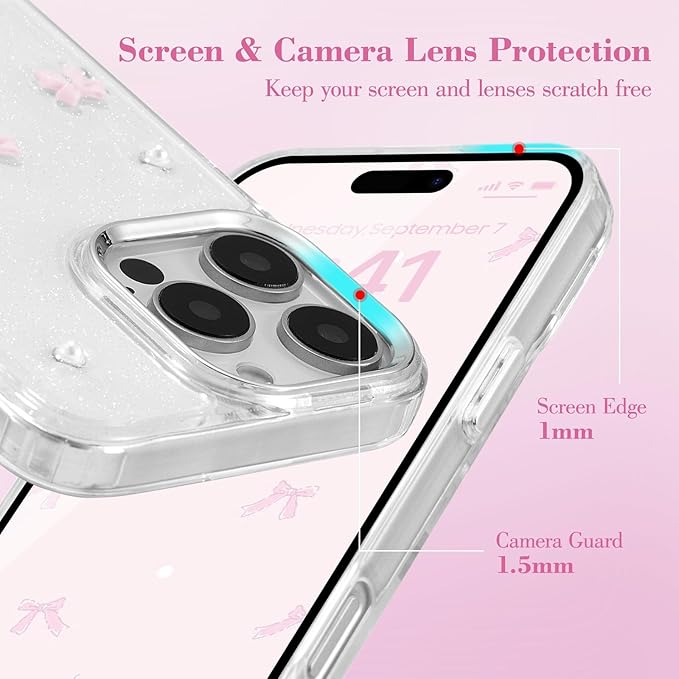 EYZUTAK Case for iPhone Air, Bling Glitter 3D Bowknot Phone Case Cute Sparkly Crystal Clear Bow Aesthetic Design Cover Slim Soft Durable TPU Transparent Protective Cover for Women Girl - Pink Bow