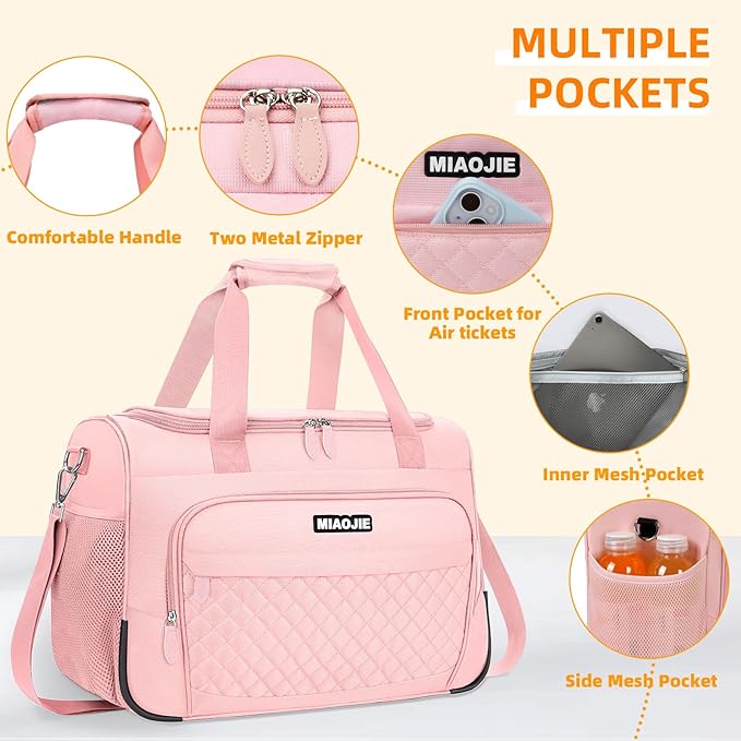 Travel Duffle Bag for Women, Underseat Carry On luggage Bag Foldable Overnight Weekender Hospital Bag Lightweight Airplanes Personal Item Travel Tote Bag for Women Birthday Gifts, 16IN Pink