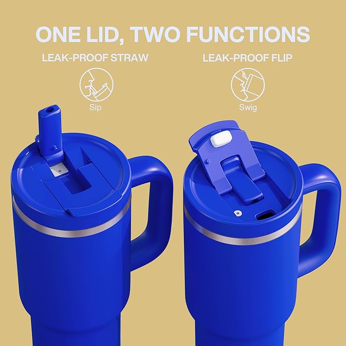 40 oz Tumbler with Handle and Straw: Stainless Steel Insulated Tumbler Keeps Cold for 24 Hours, Leakproof Travel Cup Fits in Cup Holder and BPA-Free, Royal Blue