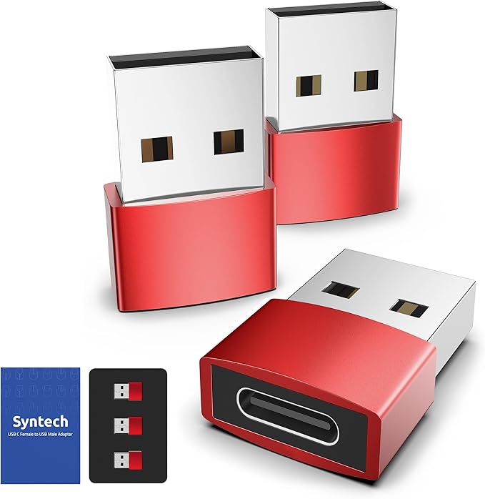 Syntech USB C Female to USB A Male Adapter 3 Pack, Type C Charger Cable Power Adapter Compatible with iPad Air 7, iPhone 17/16/15/14/13 Pro Max, Apple Watch Series 10/9/8, Samsung Galaxy S20 etc, Red
