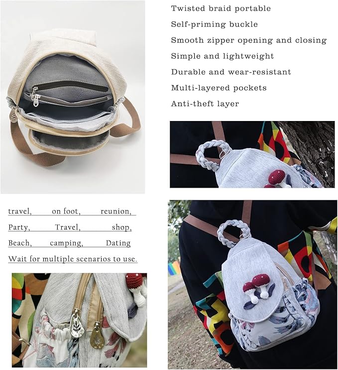 HUANGGUOSHU Women Cotton Woven Bohemian Hemp Boho Canvas Embroidery Multi Pocket Retro Cute Backpack Wallet Backpack（Mushroom）