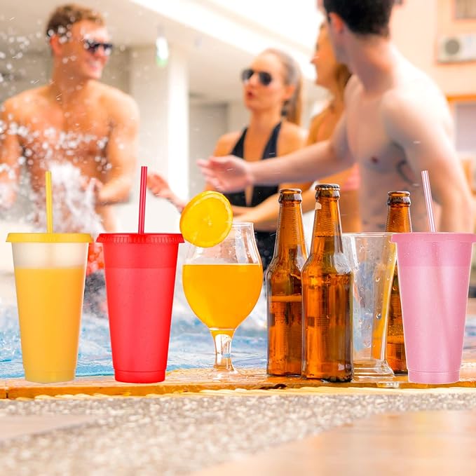 Honeydak 100 Pack Tumbler with Straw and Lid Bulk Glitter Plastic Cups Water Bottle Iced Coffee Travel Mug Reusable Party Favor Cups for Birthdays travel 24-27 oz (Shiny Color)