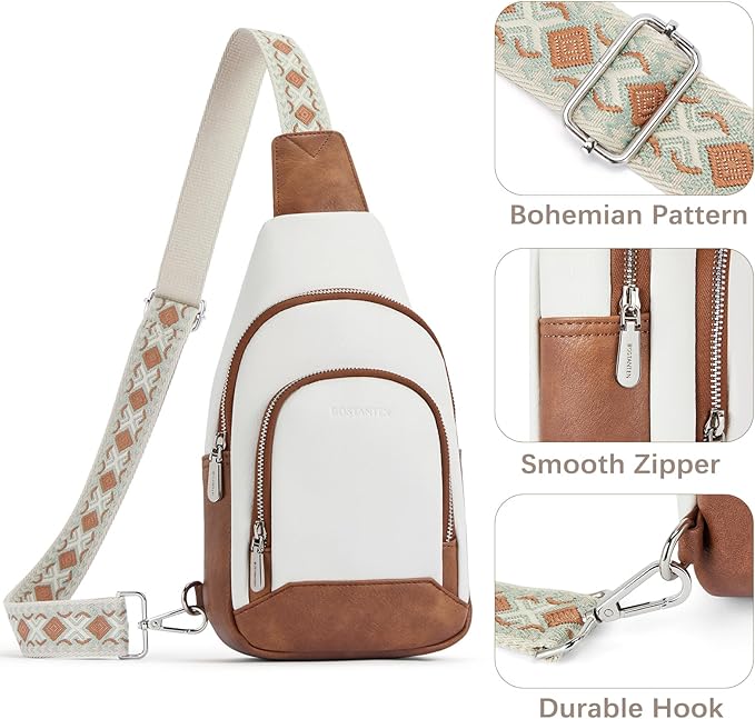 BOSTANTEN Sling Bag for Women Leather Crossbody Bag Vintage Cross Body Purse for Travel with Guitar Strap, Bohemian Style