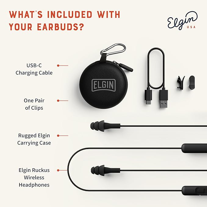 Elgin Ruckus Wireless Bluetooth Earplug Headphones, 25 dB Noise Reduction Ear Plug Earbuds, Noise Cancelling Mic, 12 Hour Battery, IP65 sweatproof, OSHA Compliant Hearing Protection, Work Safety