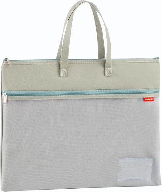 Pendancy Mesh Zipper Pouch A3 Size, Large Double Pocket Waterproof File Bag with Handle, 13x17 in Foldable Document Storage for Puzzle Project/Cross Stitch/Travel/Office（Advanced Green）