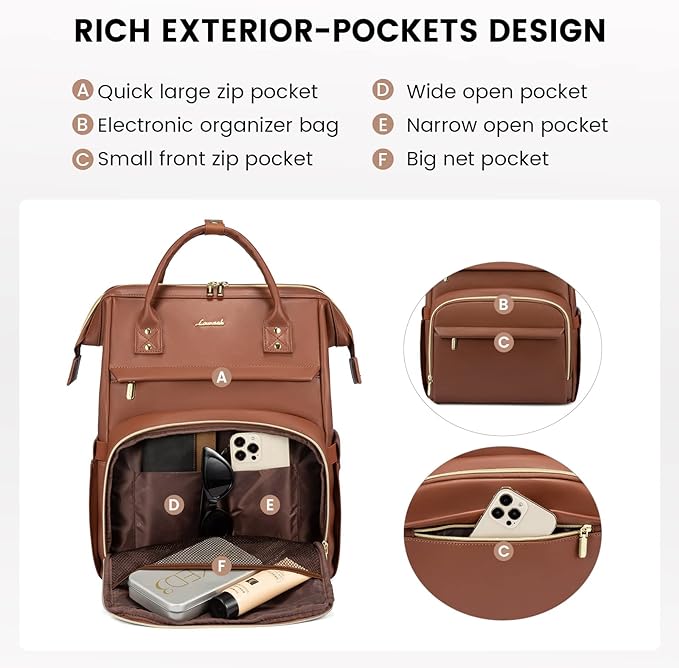 Leather Laptop Backpack for Women with USB Port - 17in, Travel Purse for Nurse, Teacher, College, Business - Carry On Backpack by LOVEVOOK