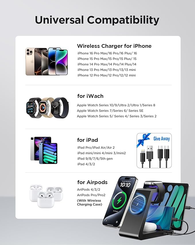 Charging Station for iPhone,5 in 1 Wireless Charger Stand Dock for Apple: Mag-Safe Charging Station for Multiple Devices Apple iPhone 16 15 14 13 12 Pro Max Plus iWatch Airpods