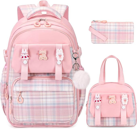 Backpack for Girls, Kids Girls Backpacks Set with Lunch Bag Pencil Case, Cute Bookbag Waterproof Backpack for Elementary Middle School, Pink