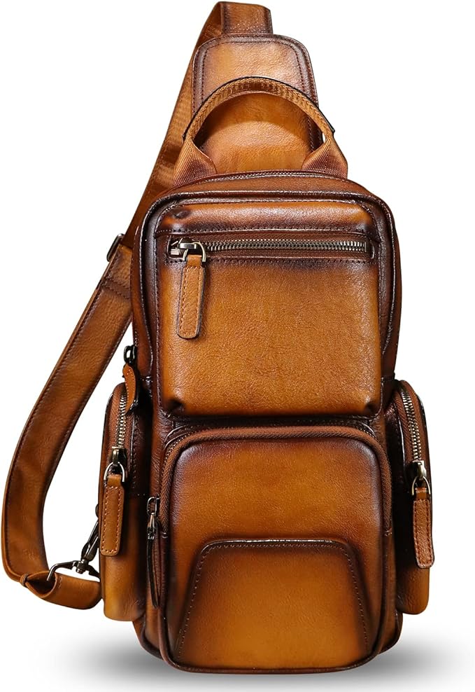 IVTG Genuine Leather Sling Bag Crossbody Casual Hiking Daypack Vintage Handmade Chest Bag Shoulder Backpack Motorcycle Pack (Brown)