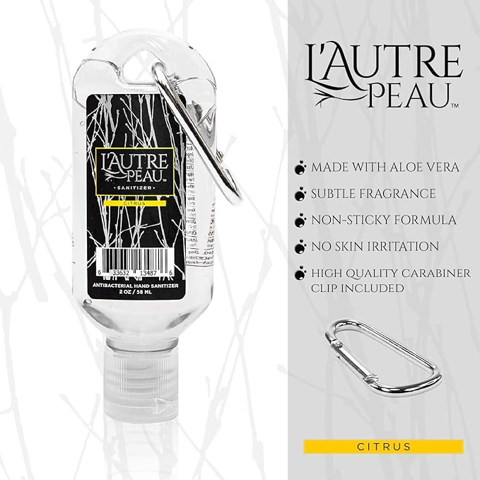 Travel Hand Sanitizer Gel with Aloe Vera & Vitamin E Made by L’AUTRE PEAU - Citrus Scented Alcohol Based Liquid Instant Hand Cleaner Pocket Sanitizer with Carabiner Clip (2oz 3 Pack)