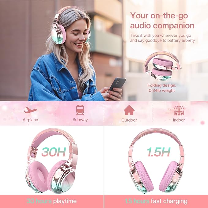 QearFun Kids Bluetooth 5.3 Headphones, Wireless Metallic Gradient Headset, Lightweight Foldable On Ear Headphones with Aux Cord, Fast Charging, Built-in Mic, for School/Travel/Tablet/iPad