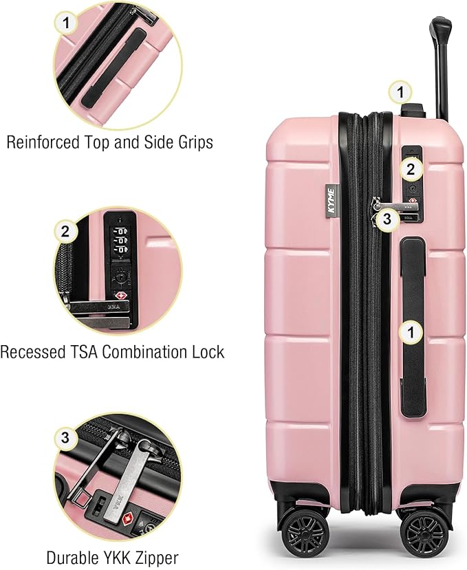 KYME Pink Hardside Expandable Carry On Luggage 22x14x9 Airline Approved 20 Inch Hardshell Carry On Suitcase with Wheels TSA Lock Small Travel Rolling Luggage with Cup Holder for Women