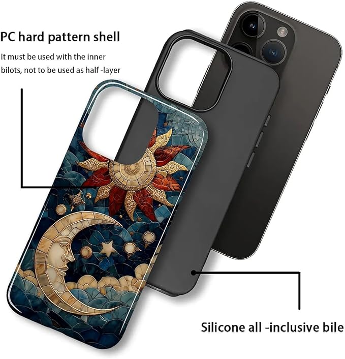 Case for iPhone 15 Plus Case,Sun Moon Stars Faux Stained Glass Design Hybrid Dual Protection Silicone + Hard PC Shockproof Full Body Cover Slim Anti-Scratch Protective Case for Men Women