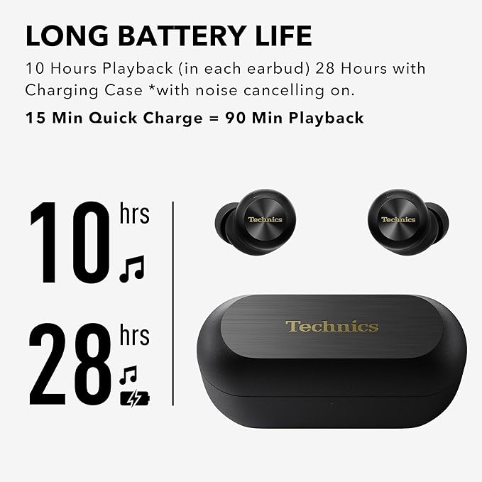 Technics Reference Class Hi-Fi Wireless Earbuds, Dolby Atmos with Head Tracking, Adaptive Noise Cancelling, 3 Device Multipoint, 10-hr Battery, Wireless Charging, Improved Fit - EAH-AZ100-K (Black)