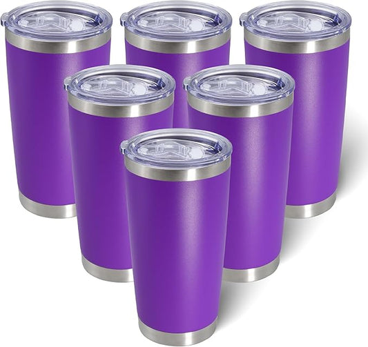 20oz Tumbler Bulk Stainless Steel Tumblers with Lid Vacuum Insulated Double Wall Travel Coffee Mug Powder Coated Tumbler Cup for Hot and Cold Drinks(Purple, 6 pack)