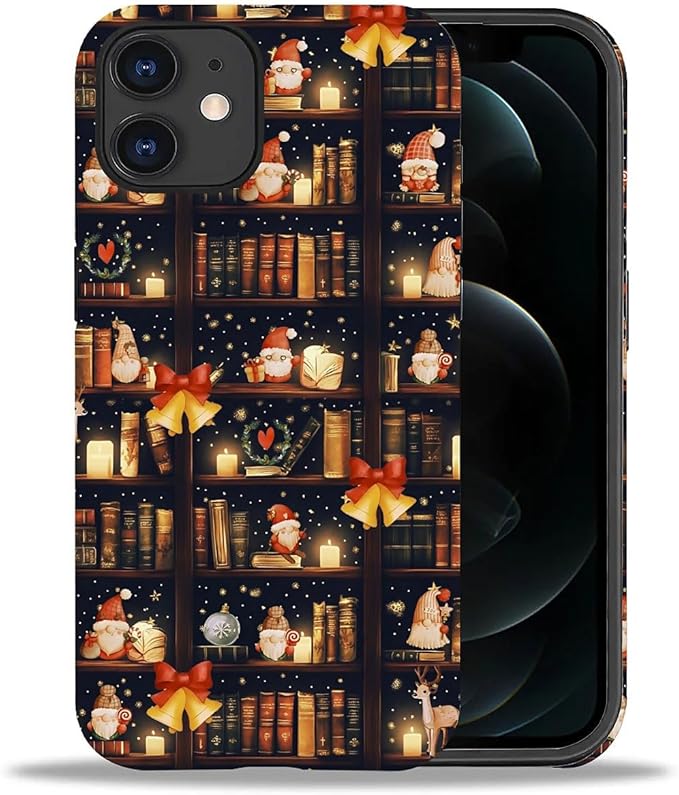 DAIZAG Case Compatible with for iPhone 12,Christmas Santa Claus Bookshelf Bells Phone Case for iPhone 12 for Girl Women Boy Men