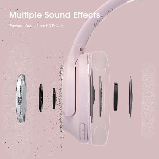 Bluetooth Headphones Over Ear, 80H Playtime Wireless Headphone with 3 EQ Modes, Built-in Mic, Deep Bass, HiFi Stereo Foldable Wireless Headset for iPhone PC Travel Workout Office (Pink)