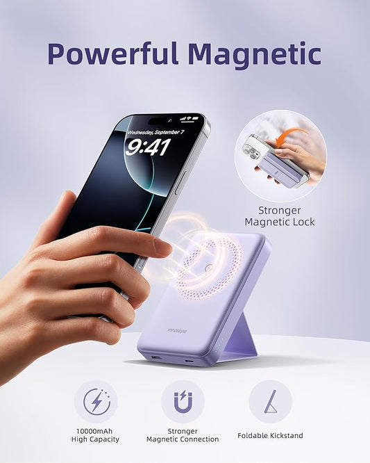 MagSafe Power Bank 10000mAh [3-in-1 with Stand] Wireless Charger, 20W Fast Charging for iPhone 17/16/15 Series, Samsung Galaxy, AirPods | Slim Portable Magnetic Battery | Purple