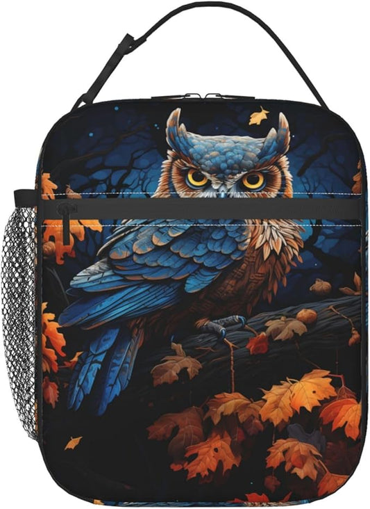 Cool Owl Lunch Box for Kids,Bird Insulated Bag for Student,Animal Reusable Thermal Insulation Cooler Tote Bags for School Work Picnic Camping Outdoor Gifts (Blue Owl and Autumn Leaves)