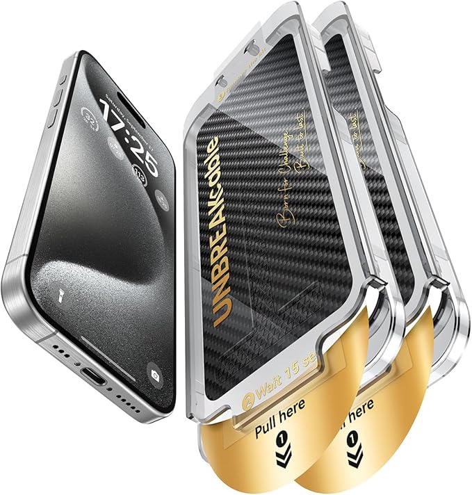 UNBREAKcable Screen Protector for iPhone 15 Pro, Pull-To-Protect Easy Installation, Auto Dust-Elimination, 9H+ Military-Grade Tempered Glass, Bubble-Free, Case Friendly, HD Clear, 6.1 Inch, 2 Pack