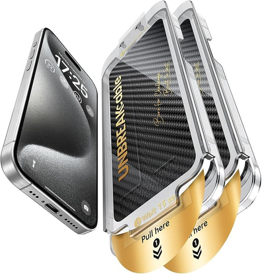 UNBREAKcable Screen Protector for iPhone 15 Pro, Pull-To-Protect Easy Installation, Auto Dust-Elimination, 9H+ Military-Grade Tempered Glass, Bubble-Free, Case Friendly, HD Clear, 6.1 Inch, 2 Pack