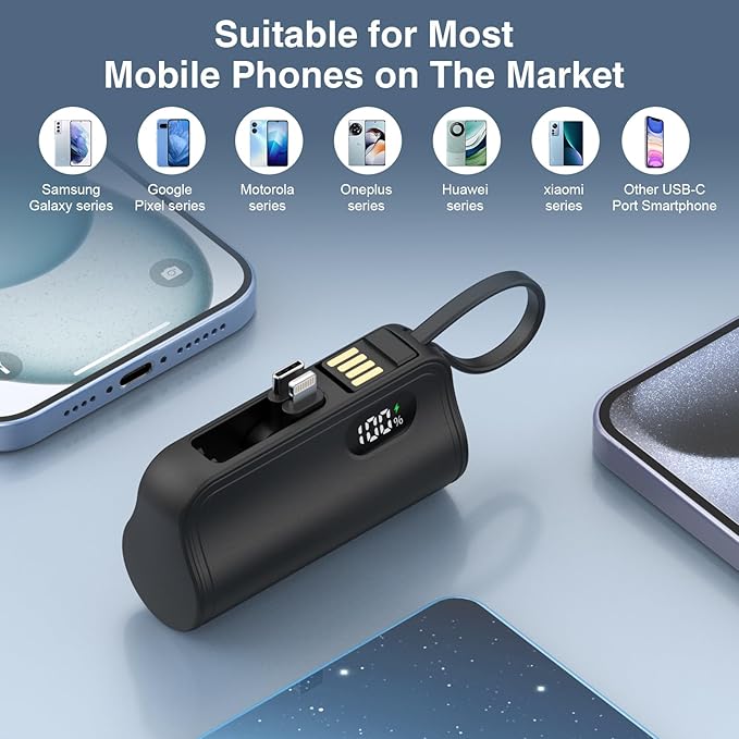 Mini Power Bank Portable Charger with Portable Connector, USB-C Compact Battery Pack Travel Portable Phone Charger Compatible with iPhone 16/16 Pro Max/15/14/13/12/11/XR Android Phones etc