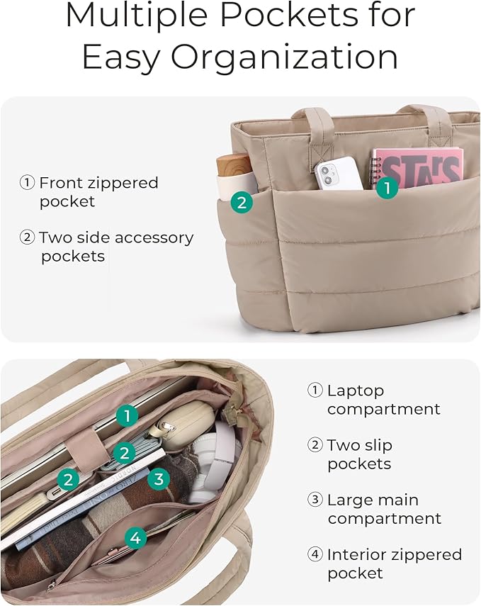 BAGSMART Tote Bag for Women, Lightweight Puffy Tote Bag with Compartments Shoulder Bag Handbag for Travel, Work, Gym