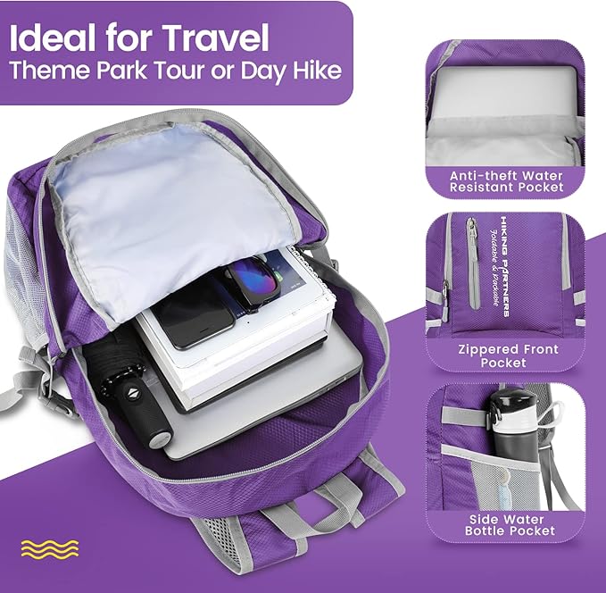 ZOMAKE Lightweight Packable Backpack, 35L Light Foldable Hiking Backpacks Water Resistant Collapsible Daypack for Travel(Purple)