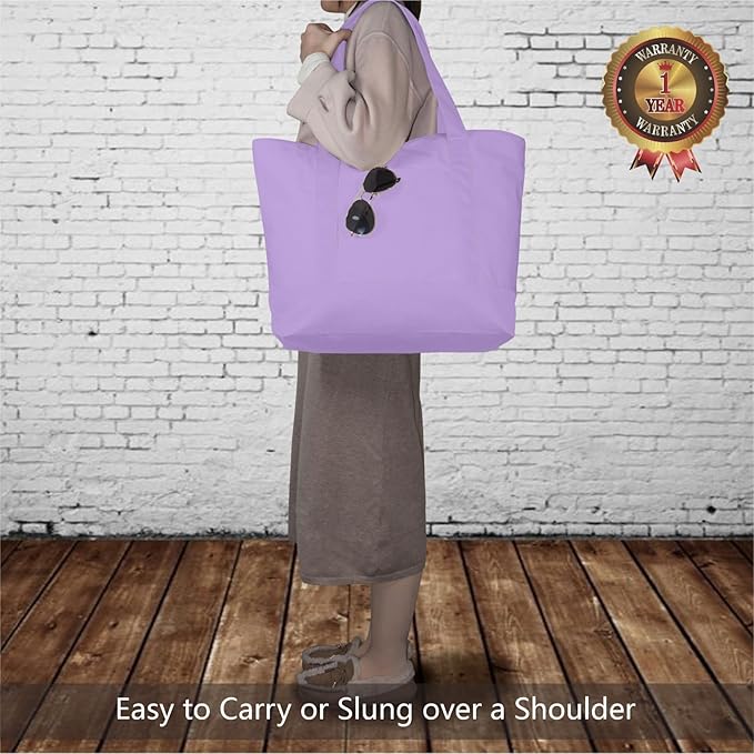 TOPDesign 3-Pack Canvas Tote Bags with an External Pocket, Reusable Grocery Shopping Bags, Top Zipper Closure, Daily Essentials (Lavender)