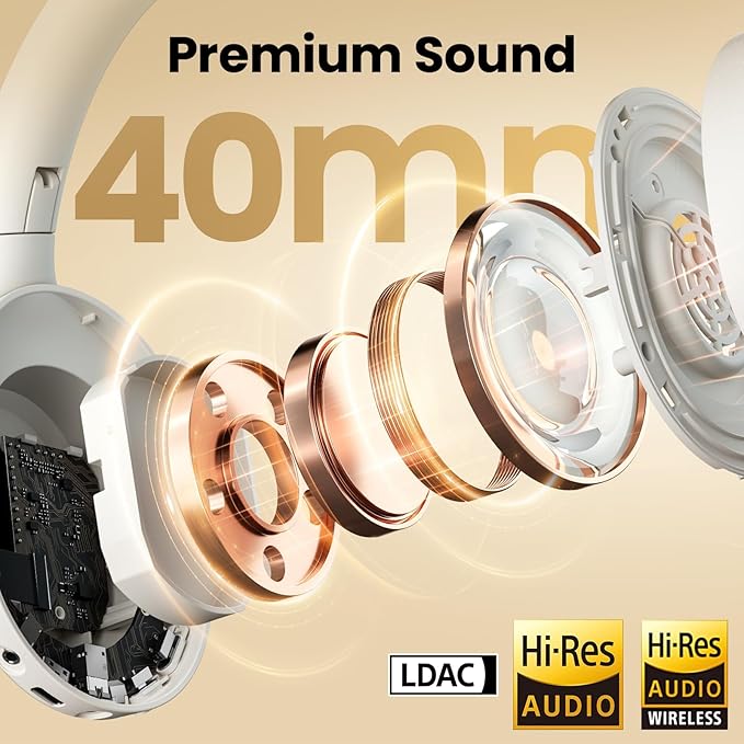 HAYLOU S30 Noise Cancelling Bluetooth Headphones,LDAC Hi-Res Audio, 5 HD Mics Call, 80H Playtime, Custom EQ via App, Bluetooth 5.4 Multipoint Connect, Wireless Headphones Over Ear, White