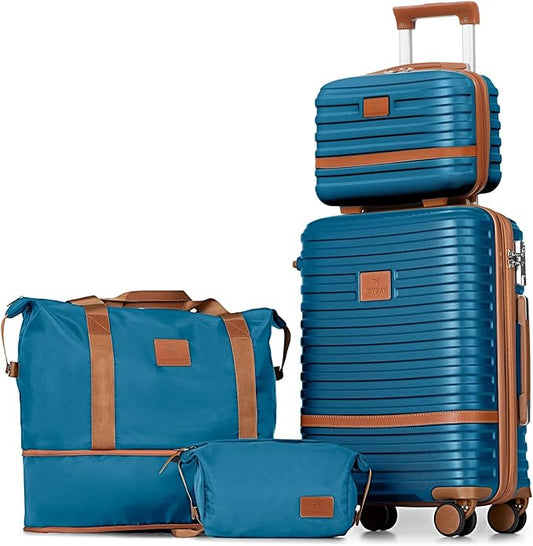 Joyway Carry On Luggage 20 Inch Expandable Suitcase with Spinner Wheel, 4 Piece Hard Shell Luggage Set with TSA Lock(Blue brown)