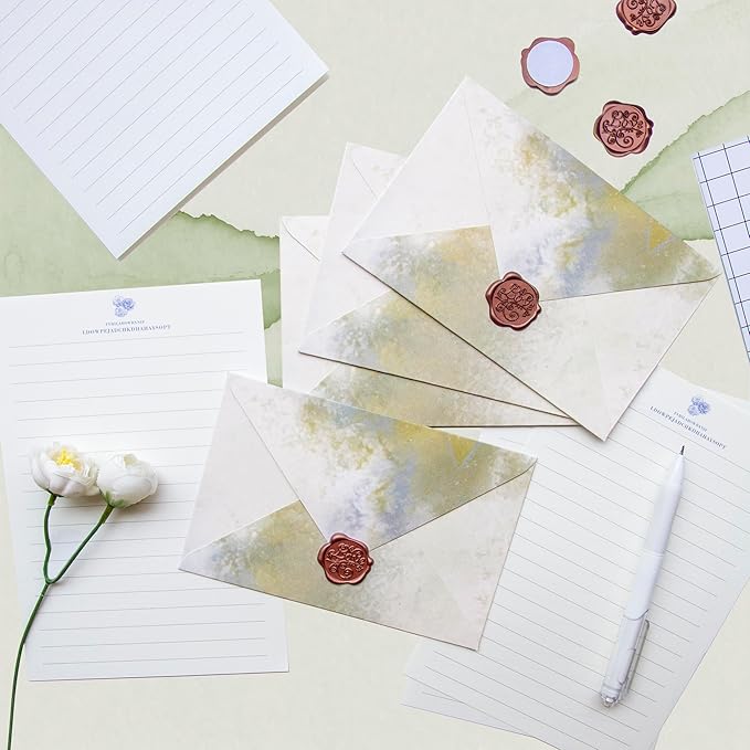 Tuhangcc Stationary Paper Set Minimalism- Hand Blended Colors,12 Envelopes (4x6 in) & 24 Lined Paper for Wedding Love Letters, Invitations, Anniversaries (Champagne Gold)